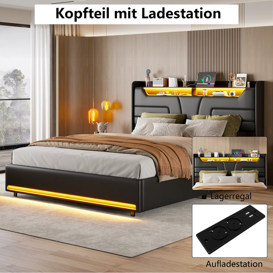 Rosahqnda Gepolstertes Doppelbett in Schwarz mit Stauraum und Kopfteil, B/T: 140 x 200 cm - Bild 4