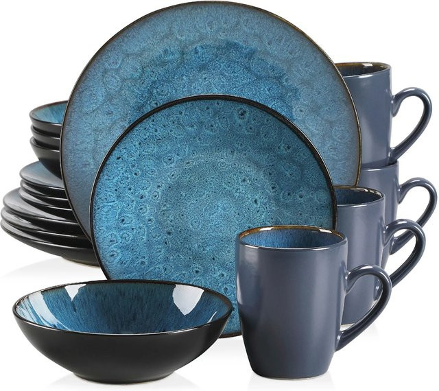 VANCASSO BUBBLE Geschirrset aus Keramik und Steinzeug, 16/32-teiliges Vintage Set in Blau und Braun mit Dinner- und Desserttellern, Schüsseln und Kaffeetassen - Bild 1