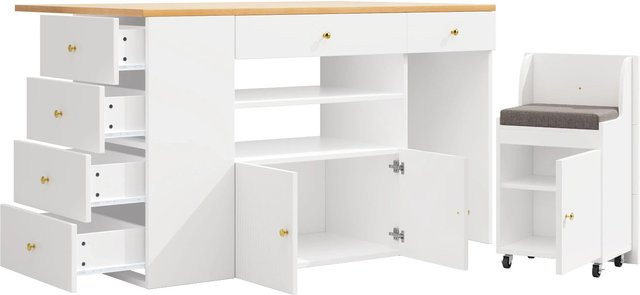 okwish Kücheninsel in Weiß mit sechs Schubladen und Hockern, modern, B/T/H: 140 x 40 x 89 cm - Bild 1