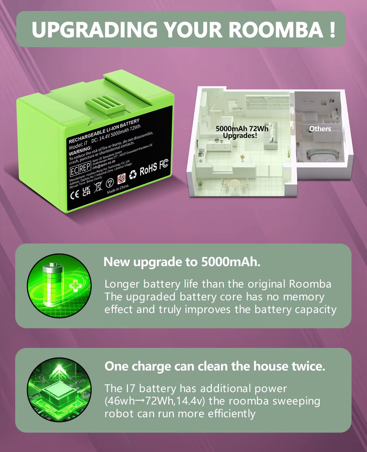 Powtree Akku-Ersatz für iRobot Roomba e- und i-Serie, 14,4 V 5000 mAh, kompatibel mit i7, i7+, e5, 7150, 7550, i3, 3150, i3+, 3550, i4, 4150, i4+ - Bild 2