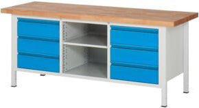 STIER Höhenverstellbare Premium Werkbank mit 6 Schubladen und offenem Fach, Farben: Grau und Blau, B/T/H: 200 x 70 x 84-104 cm - Bild 1