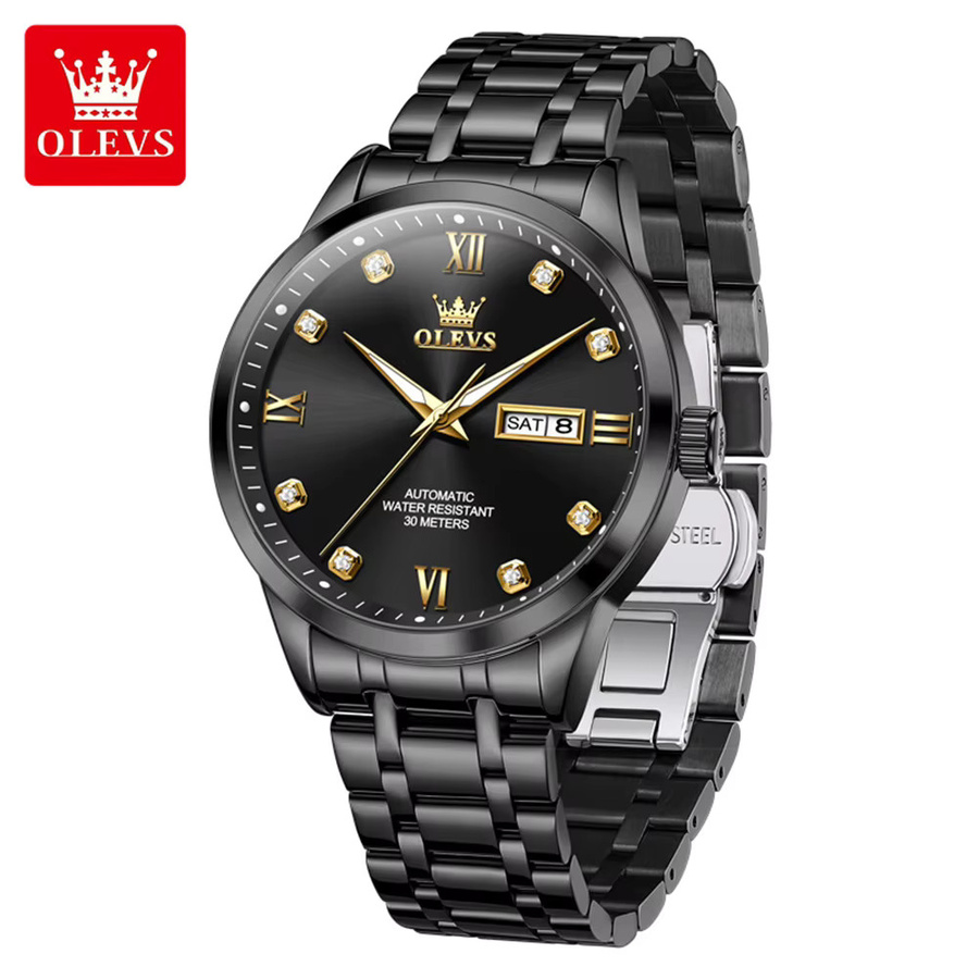 OLEVS Armbanduhr Automatik, Edelstahl, Gold, Diamant, Doppelkalender, Herren - Bild 2