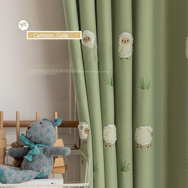 AiFish Verdunkelungsvorhänge für Kinder mit Lamm-Stickerei aus Chenille, Grün/Weiß - Bild 1