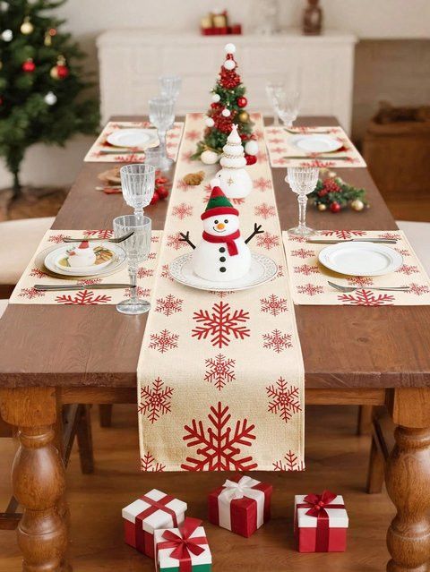 JIT Weihnachts-Tischläufer aus Leinen in Rot mit Schneeflockenmuster zur Tischdekoration - Bild 1