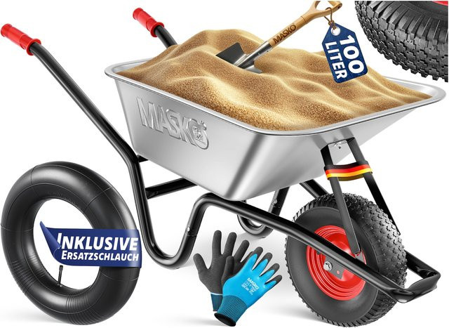 MASKO Schubkarre mit 100 Litern Volumen und 250 kg Tragkraft, verzinkter Stahlrahmen, Luftreifen mit Stahlfelge, inklusive Arbeitshandschuhe - Bild 1