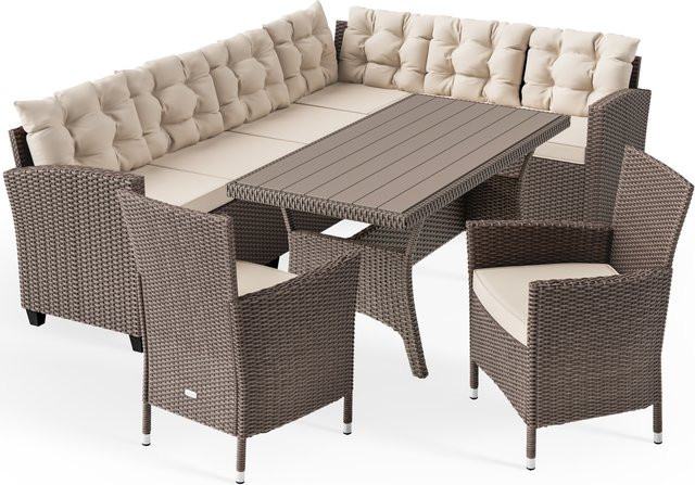Casaria Polyrattan Ecklounge in Beige mit Polsterung, 2 Sesseln und Couchtisch für den Garten - Bild 1