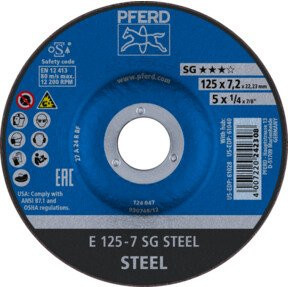 PFERD Schruppscheibe SG STEEL Leistungslinie für Stahl, Blau, Durchmesser: 125 mm, Breite: 7,2 mm, Bohrung: 22,23 mm - Bild 1