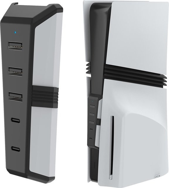 5-Port USB-C Erweiterungs-Hub für PlayStation 5 Pro mit 3x USB 2.0 und 2x USB Typ-C 3.1 in Schwarz und Weiß - Bild 1