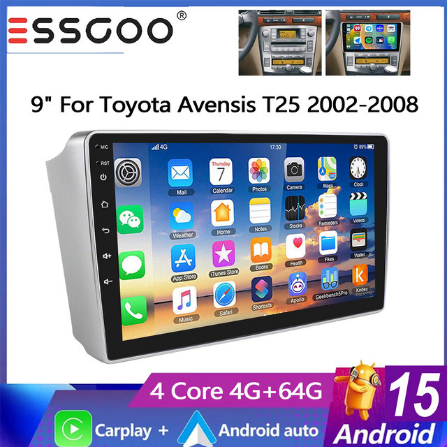 ESSGOO Android 15 Autoradio für Toyota Avensis T25 2002-2008 mit 9 Zoll IPS Touchscreen, 4+64G, GPS-Navigation, Wireless Carplay, Android Auto, Bluetooth und Wifi, Schwarz - Bild 1
