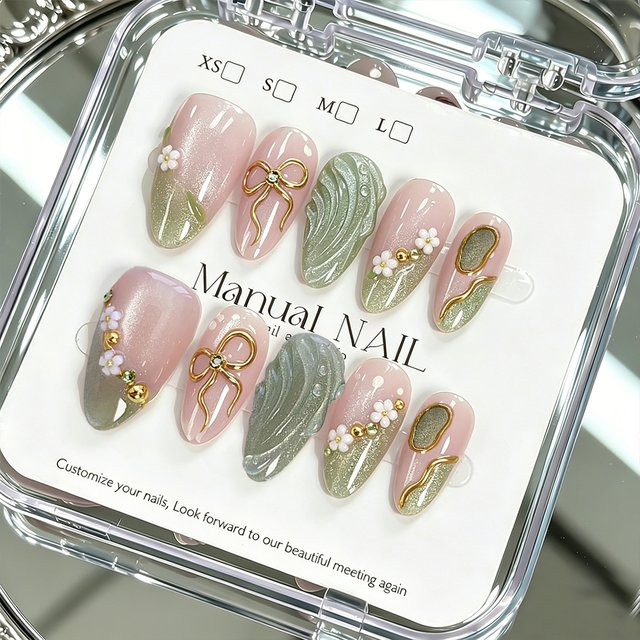 MAFANAILS Press-On-Nägel, Mandelförmig, Rosa-Grün, 3D Acryl-Blumen, 10/30 Stück - Bild 1