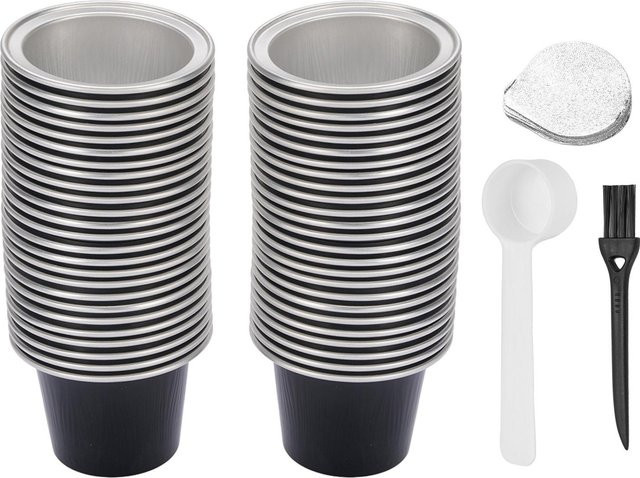 OutsideWorld 50 Stück Aluminiumfoliendeckel mit 50 Stück 15ml Kaffeekapseln und Löffel in Schwarz und Silber, auslaufsicher und aus Metall - Bild 1