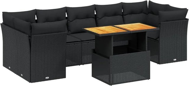 vidaXL 8-teilige Garten-Sofagarnitur in L-Form aus Poly-Rattan und Akazienholz mit Kissen in Schwarz - Bild 1