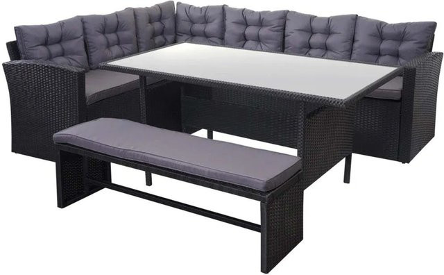 MCW Poly-Rattan-Garnitur A29 Lounge-Esstisch-Set in Schwarz mit Bank und dunkelgrauen Kissen, B/T/H: 242 x 178 x 74 cm - Bild 2