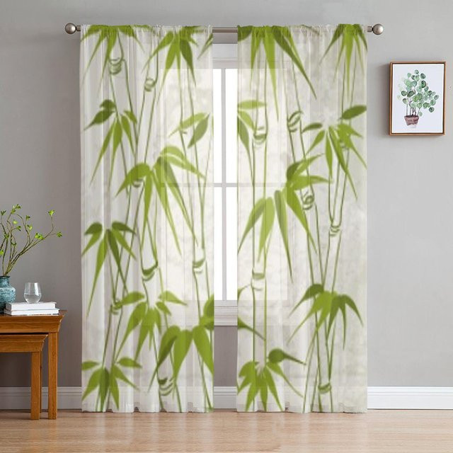 Transparente Tüll-Gardinen mit Bambus- und Blättermuster aus Chiffon, B/H: 135 x 114 cm - Bild 1