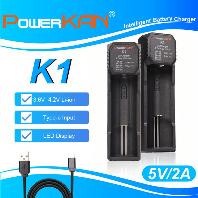 POWERKAN K1 Intelligentes USB-C Schnellladegerät für Li-Ionen-Akkus 18650 21700 26650 in Schwarz - Bild 1