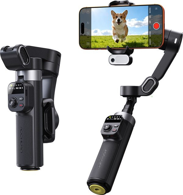 AOCHUAN Smart X3 3-Achsen-Gimbal-Stabilisator mit abnehmbarer Fernbedienung, 51 cm Verlängerungsstab und KI-Tracking in Schwarz - Bild 1