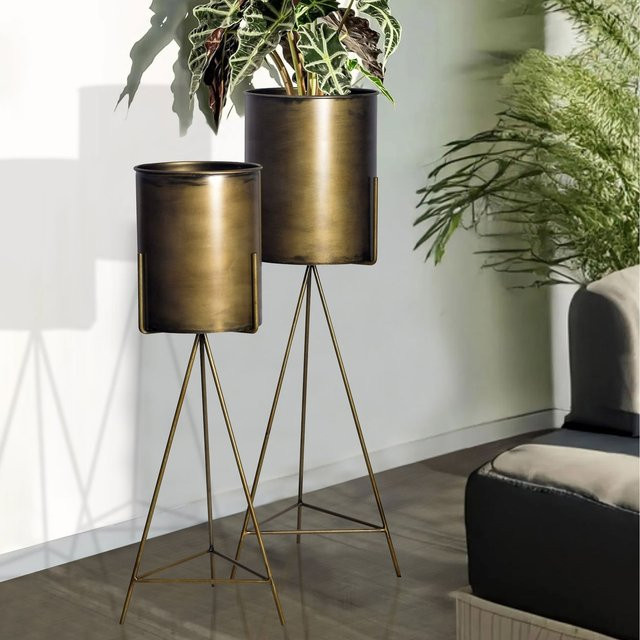2er Set Blumentöpfe FineBuy aus Metall in Gold, runde Pflanzkübel aus Eisen für Tabletop-Dekoration, Höhe: 32 cm, Durchmesser: 32 cm - Bild 1