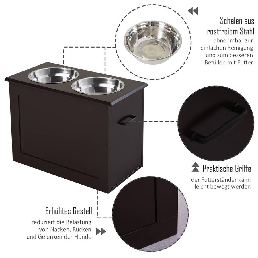 PawHut Futterstation mit 2 Edelstahlnäpfen und Stauraum, Farbe Espresso Braun, B/T/H: 60 x 30 x 41 cm - Bild 3