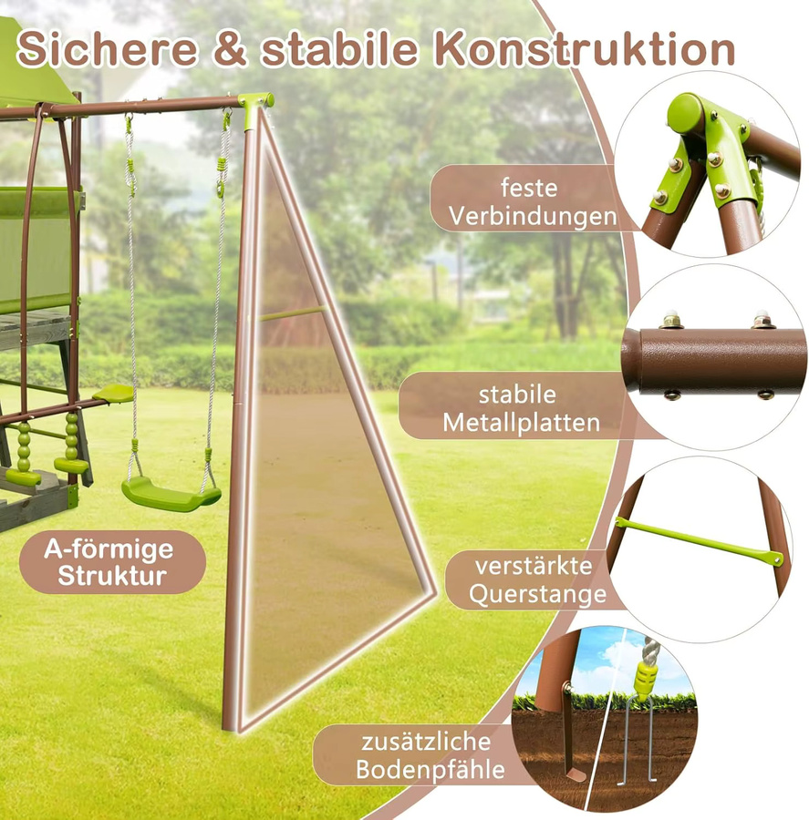 GOFLAME Spielturm Klettergerüst in Grün mit Schaukel, Rutsche, Kletterseil, Leiter und Sandkasten für Kinder - Bild 4