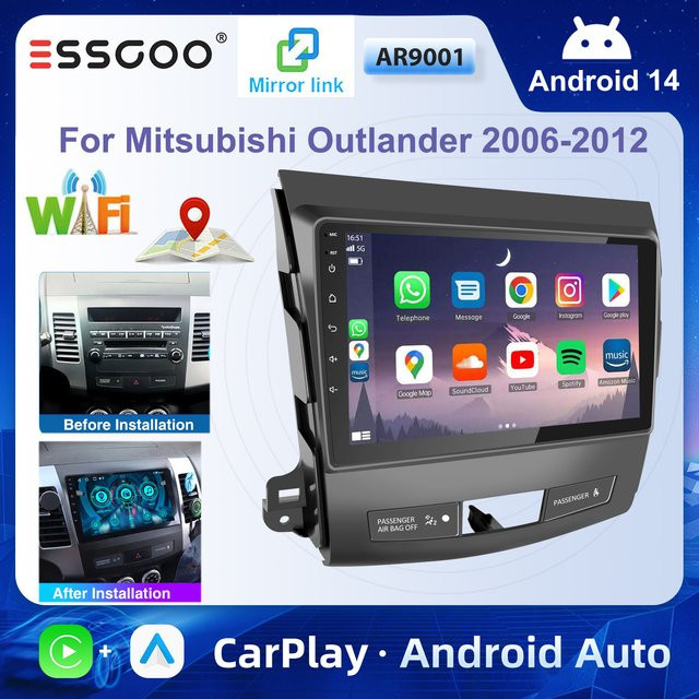 ESSGOO Android 14 Autoradio mit 9 Zoll HD-Touchscreen für Mitsubishi Outlander 2006–2012, Wireless CarPlay, Android Auto, GPS-Navigation, Bluetooth, WiFi und USB, Schwarz - Bild 1