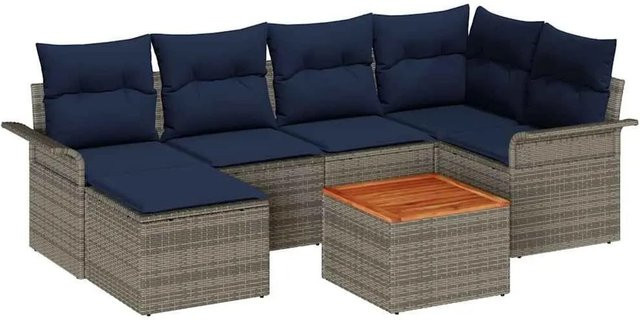 vidaXL Gartensofa-Set aus 7 Teilen in Grau und Marineblau aus Polyrattan mit Akazienholz und Polsterkissen - Bild 1