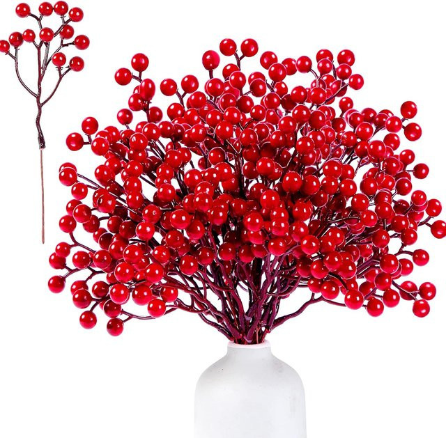XIAOYINMO Künstliche Stechpalmen mit roten Früchten für Weihnachten und Hochzeitsdekoration, 10 Stück, Rot - Bild 1