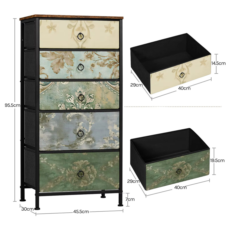 WOLTU Stoffkommode mit 5 Schubladen im Vintage-Design, Multicolour, floraler Aufbewahrungsorganisator für Flur und Küche - Bild 5