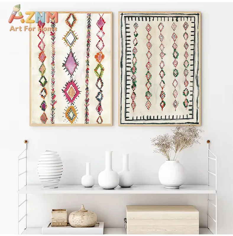 AZNM Boho Aquarell-Wandkunstdruck mit marokkanischem Berber-Teppichmuster, mehrfarbiges geometrisches Leinwandposter im Hochformat, rahmenlos - Bild 2