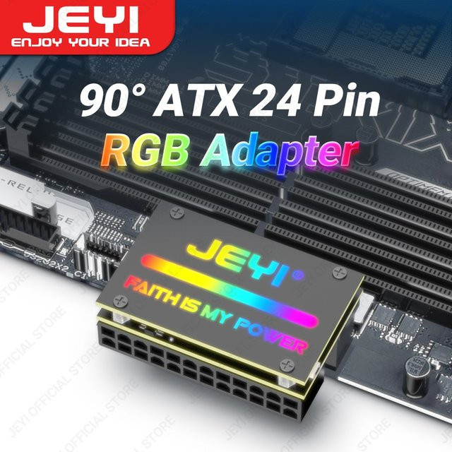 Jeyi ATX 24-Pin 90 Grad RGB Adapter in Schwarz mit 18 Lichtmodi für Desktop-PC Motherboard und Netzteil - Bild 1