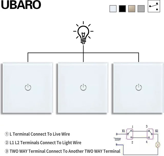 UBARO EU 86 Serie 1-fach 3-Wege Touch Dual-Schalter mit gehärtetem Glas Panel in Weiß, Sensor-Ersatzschalter für 220V 2000W - Bild 1