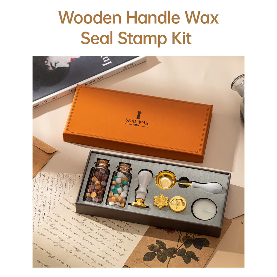 Wachssiegel-Stempel-Set mit 3 Siegelstempeln und 2 Flaschen Wachsperlen inklusive Löffel und Kerze im Vintage-Design für Briefe und Umschläge - Bild 3