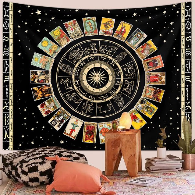 VIKAMA Constellation Tarot Wandteppich in Gold und Schwarz mit mystischen Runen und Sternen, Boho Wanddekoration für Wohnzimmer oder Schlafzimmer, B/H: 60 x 40 cm - Bild 1