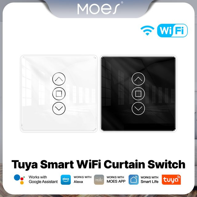 Moes Tuya Smart WiFi Vorhangschalter mit RF433 2.5D Bogenförmigem Glas-Touchpanel für Rollos und Jalousien, App-gesteuerter Drahtloser Fernbedienungsschalter, Alexa-kompatibel - Bild 1