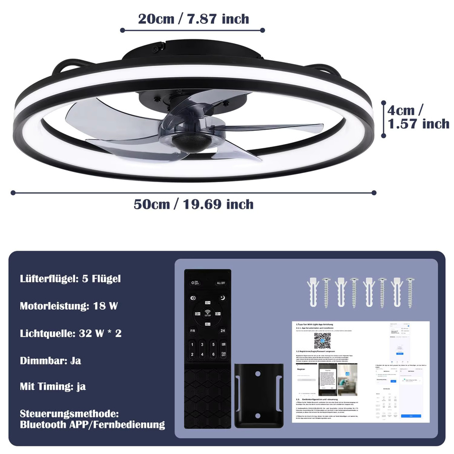 Tetipa Deckenventilator mit LED-Beleuchtung und Fernbedienung in Schwarz, Smart Home Integration, 3 Farbtemperatur-Einstellungen und Timer, Durchmesser: 50 cm - Bild 6