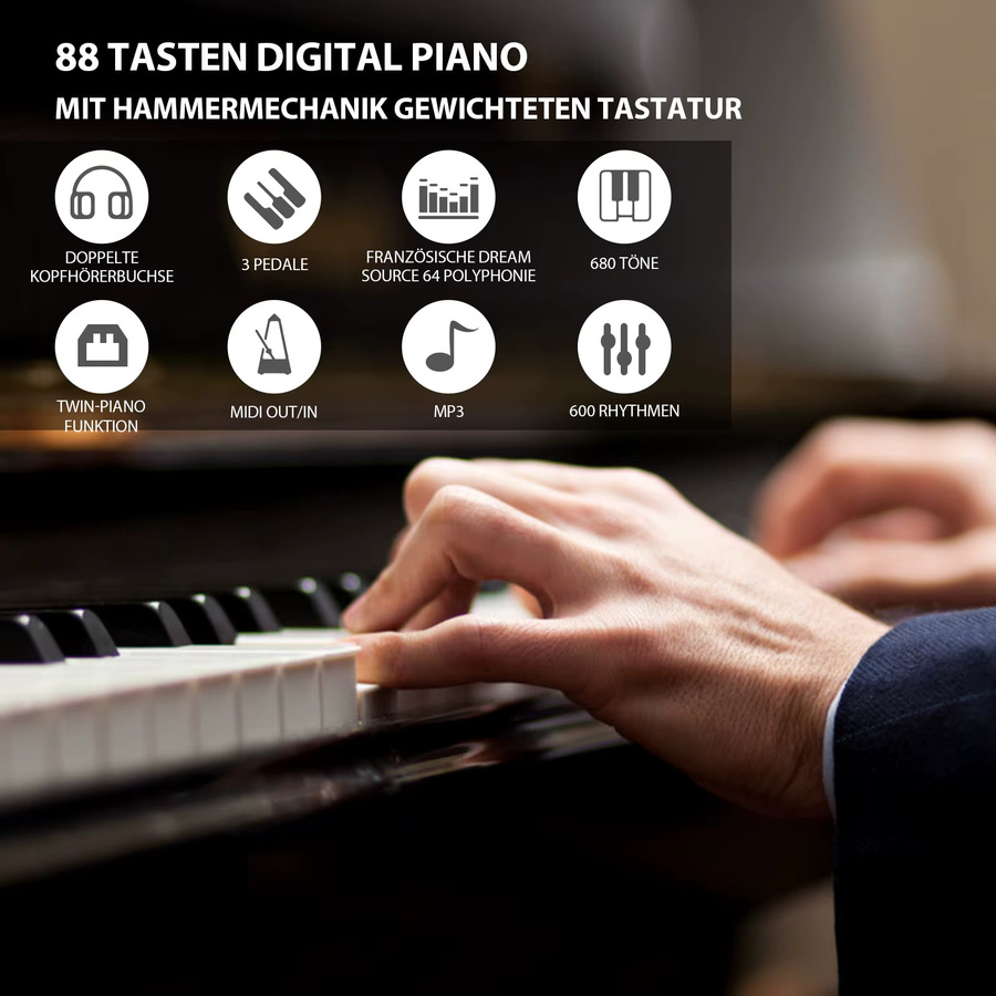 MUSTAR Digitalpiano mit 88 Tasten und Hammermechanik in Schwarz Holzoptik inklusive 3 Pedalen als E-Piano Set für Anfänger - Bild 6