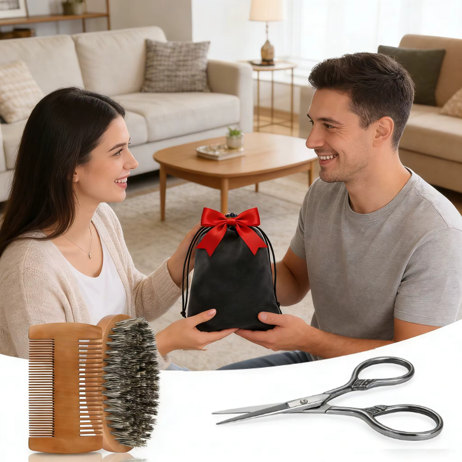Dreiteiliges Bartpflege-Set für Herren, Bartbürste, Holzkamm, Trimm-Schere - Bild 2