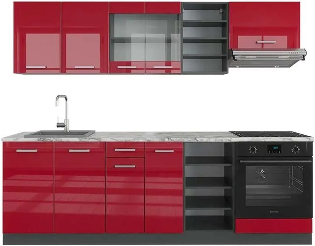 Vicco R-Line Küchenzeile Bordeaux Hochglanz und Anthrazit mit Marmor-Optik, Breite: 240 cm - Bild 1