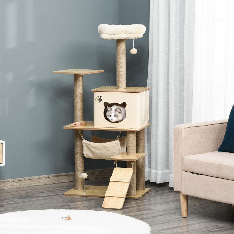 PawHut Kratzbaum aus Holz mit Katzenhöhle und Spielbällen, Gelb/Beige, B/T/H: 60 x 40 x 130 cm - Bild 2