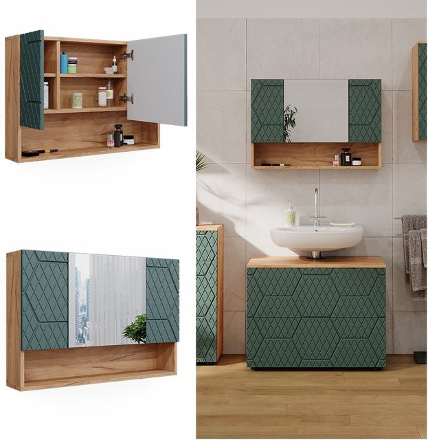 Vicco Badspiegelschrank Irma Eiche Grün Gold B/T/H: 80 x 55 x 12,21 cm - Bild 1