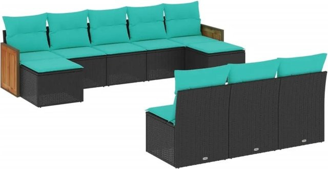 vidaXL 10-tlg. Gartensofa-Set in U-Form mit Kissen, Schwarz und Blau, Polyrattan und Akazienholz - Bild 1