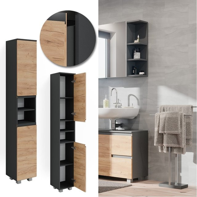 Vicco Badschrank J-Shape Hochschrank Badezimmer Anthrazit Eiche modern B/T/H: 30 x 24,61 x 190 cm - Bild 1