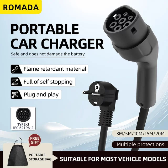 ROMADA Tragbares EV-Ladegerät Typ2 mit 3m bis 20m Kabel, 3,5 kW 16 A, Schwarz, Wallbox-Adapter für Elektrofahrzeuge - Bild 1