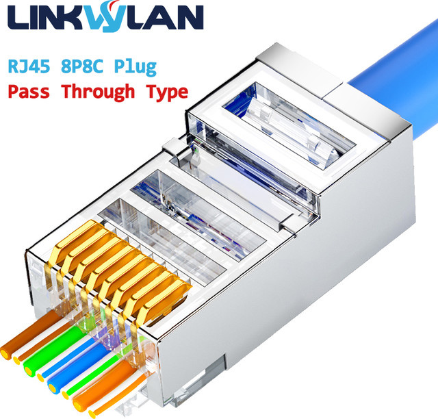 Linkwylan RJ45 Modularstecker Pass Through für Cat7 Cat6 Cat5e UTP STP Netzwerkkabel, transparent - Bild 1