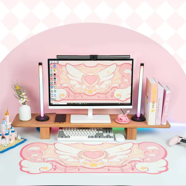Mairuige SAKURA HEART Mauspad XXL in Pink, extra große Kawaii Gaming-Schreibtischunterlage mit dunklen Sternflügeln und rutschfester Unterseite - Bild 2