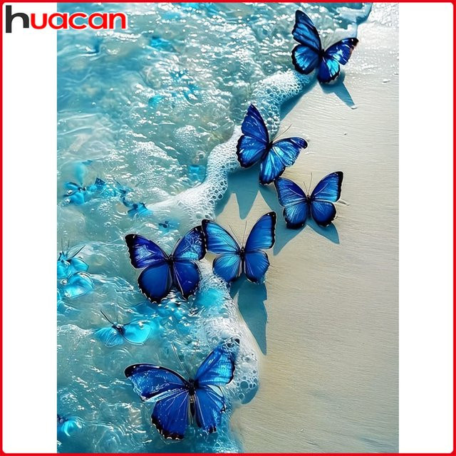 Huacan Diamantgemälde Schmetterling und Meer als rundes Mosaik-Tierlandschaft Kunstwerk zur Wanddekoration, Mehrfarbig, B/H: 30 x 20 cm - Bild 1