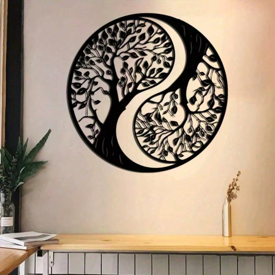CIFBUY Metall-Wanddekoration Yin-Yang Lebensbaum in Schwarz, Runde Metallkunst mit floralem Design für dein Wohnzimmer - Bild 4