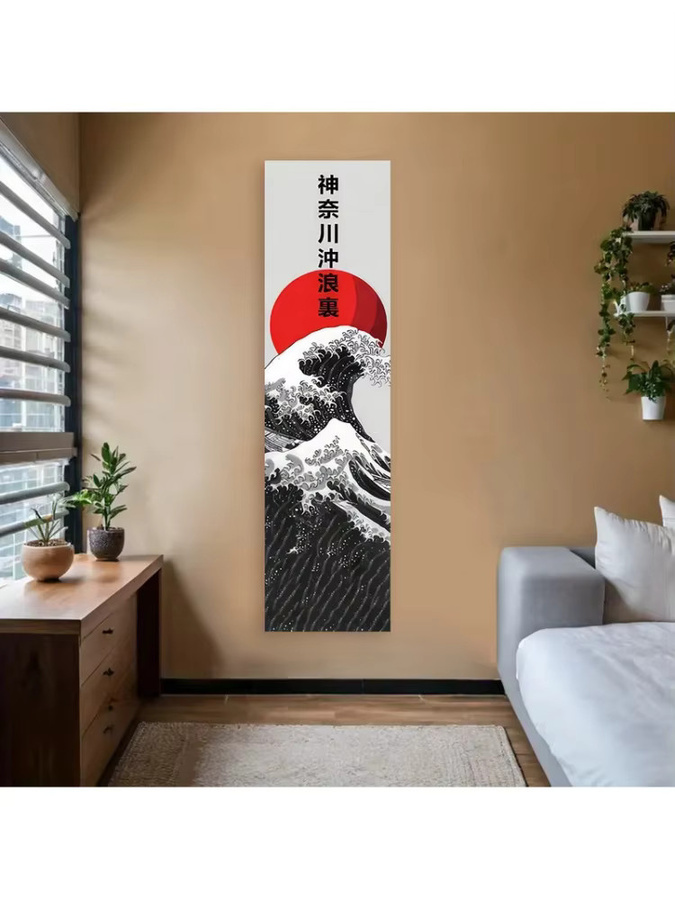 VIKAMA Wandteppich mit japanischen Meereswellen und roter Sonne in Rot und Multicolour, Boho Wandbehang mit Landschaftsmotiv für dein Zuhause - Bild 5