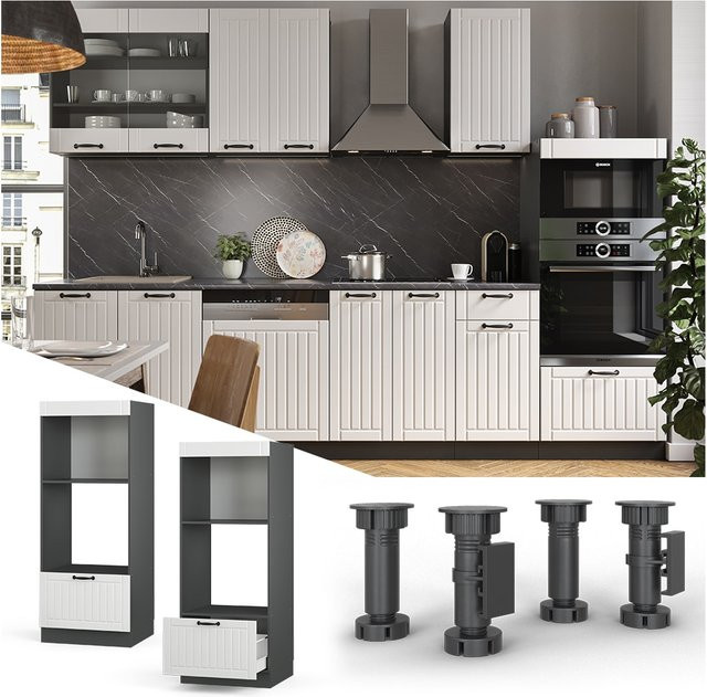 Vicco Mikrowellenschrank Fame-Line Landhaus Küchenschrank in Anthrazit und Weiß mit Softclose-Scharnieren, Breite: 60 cm, Höhe: 153 cm - Bild 1