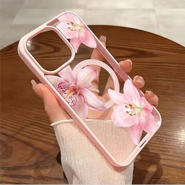 Magnetische iPhone Handyhülle mit rosa Blumenlilie-Orchideenmuster für Apple iPhone 17, 16, 15, 14, 13, 12, 11 und Pro Max Modelle in Pink und Schwarz - Bild 1