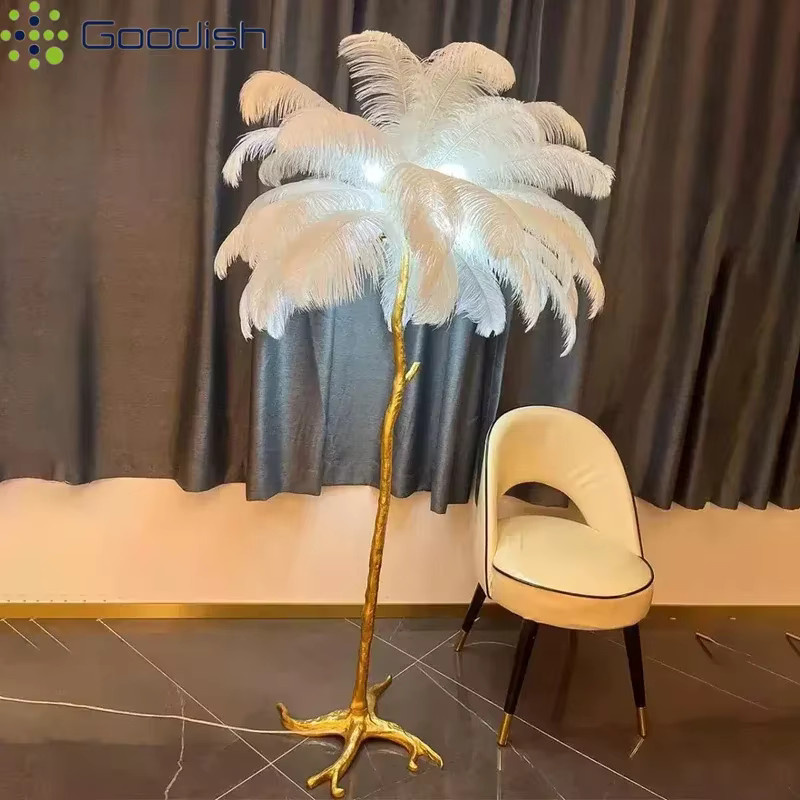 Moderne Wabi-Sabi LED-Stehlampe mit Straußenfedern in Weiß und Gold/Messing für dein Wohnzimmer - Bild 2